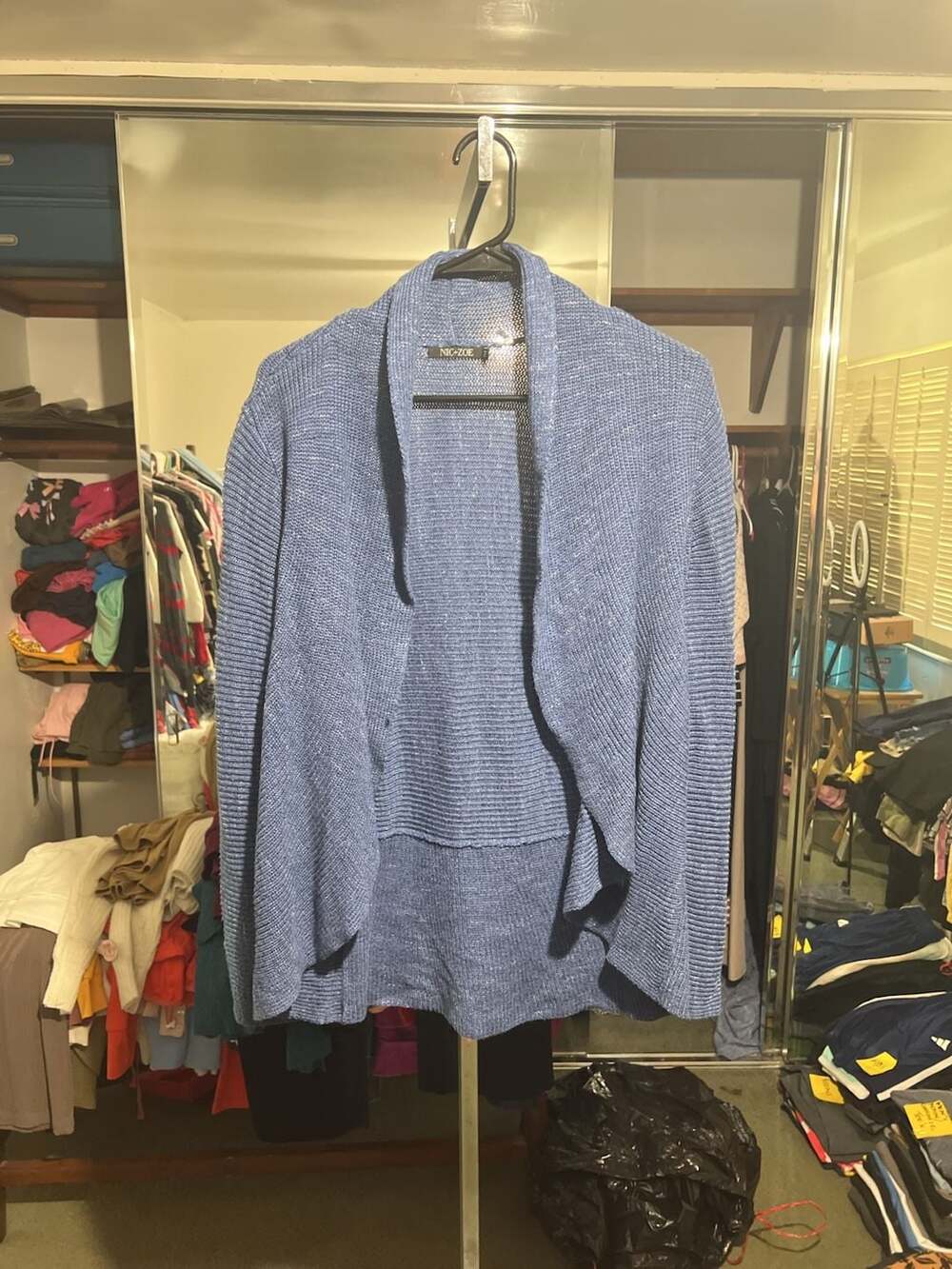 NIC+ZOE Blue Ribbed Open Front Waterfall Cardigan Sweater PM